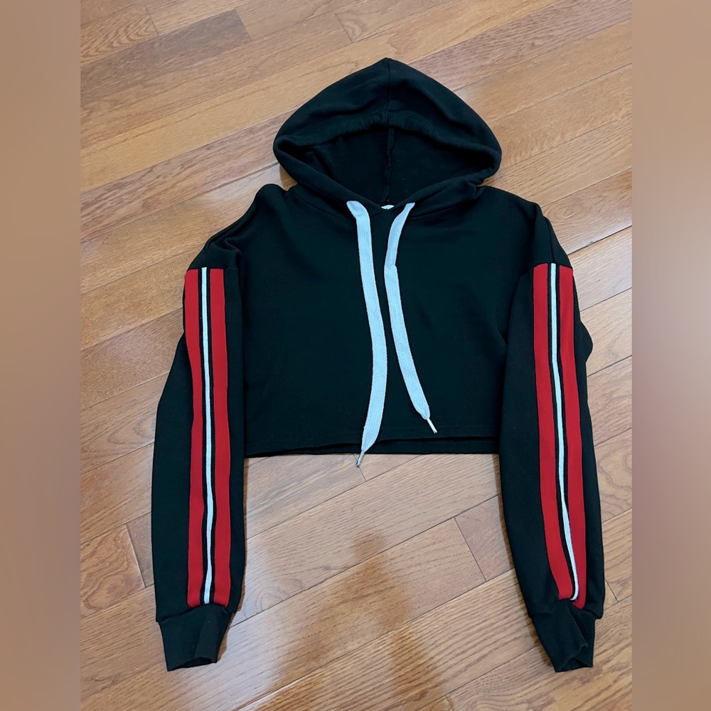 Dance & Marvel black cropped hoodie with red & white racing stripe sleeve